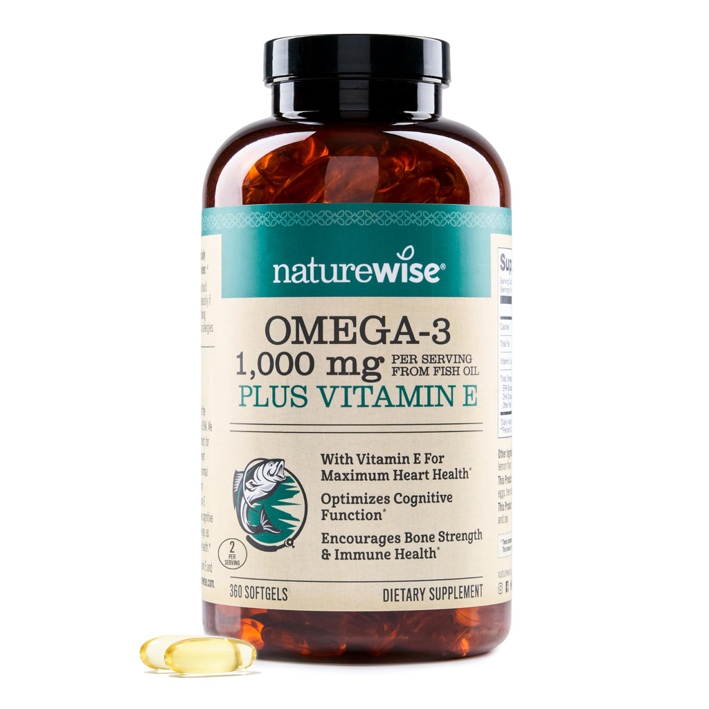 PrírodaWise Extra-Silná Omega 3 Rybí olej doplnok - 1000 mg na porciu - 600 EPA & 400 DHA a vitamín E - Podpora zdravia srdca a mozgu - Citrónová aróma, bez GMO - 360 Softgels[6-Mesiac dodávky]