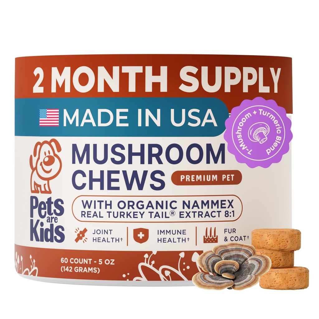 Pets are Kids Turkey Tail Mushroom for Dogs with Organic Real Turkey Tail™ - 8:1 Extract Mushroom Chews for Immune System Health, Gut, Skin & Joint Support - Reishi, Lion's Mane - 60 Chews