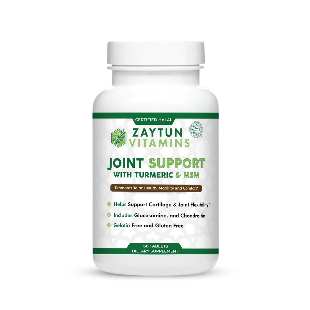 Zaytun Halal Joint Support with Turmeric + Glukozamín, Podporuje spoločné zdravie, Flexibilita a podporuje mobilitu, 1 mesiac dodávky, bez gluténu, bez želatíny, Made in USA - Halal Vitamíny