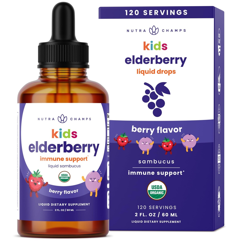 NutraChamps Black Elderberry for Kids Liquid Drops, 10:1 Extrakt Sambucus Elderberry Sirup pre deti, bezcukrové európske bazové kvapky Berry Flavor, Immune Support, 4 mesiace Zásoba