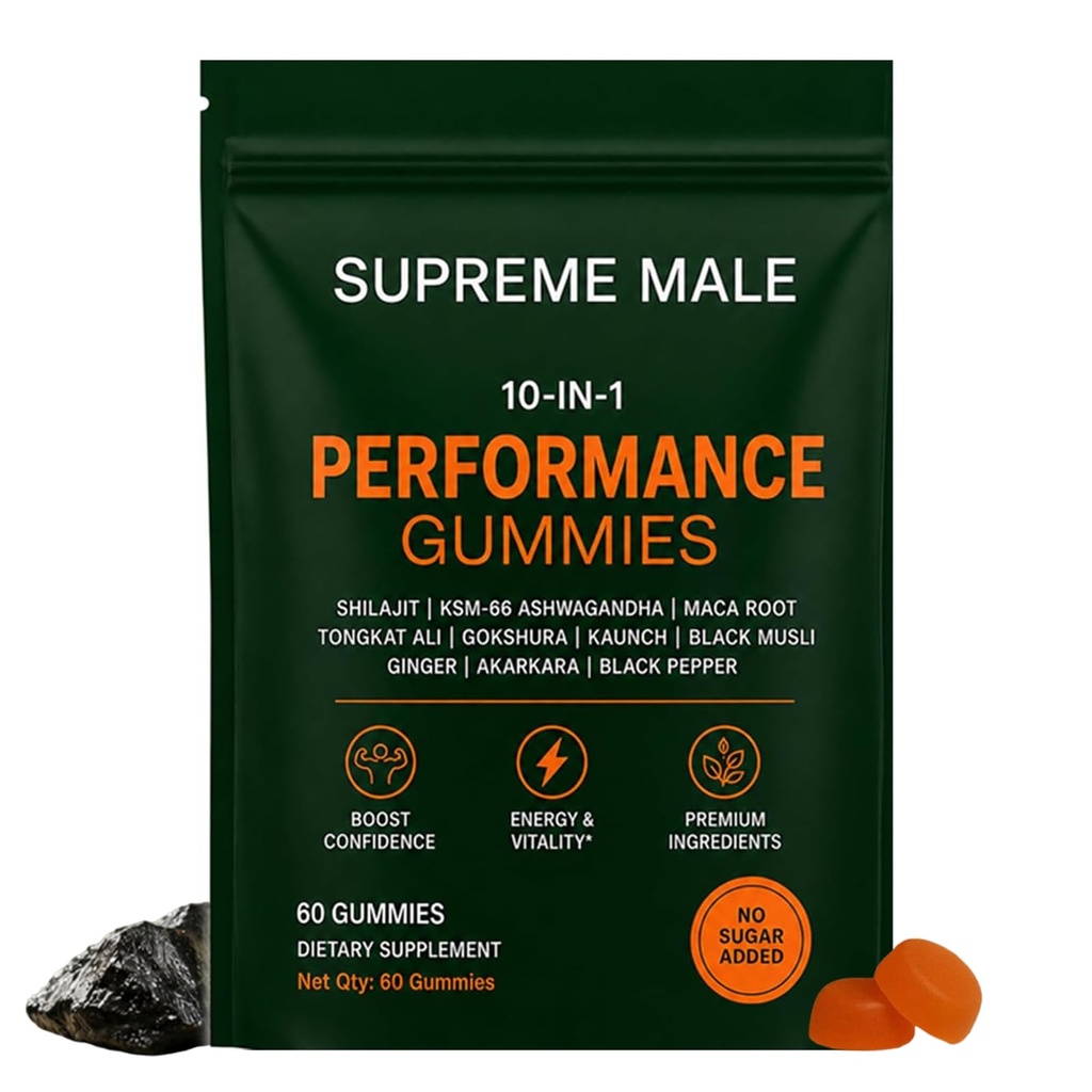 Supreme Male 10 in 1 Alpha Gummies - Men's Daily Energy & Stamina Formula with Shilajit, Ashwagandha, Tongkat Ali, Maca Root & Botanical Extracts – 60 Gummies