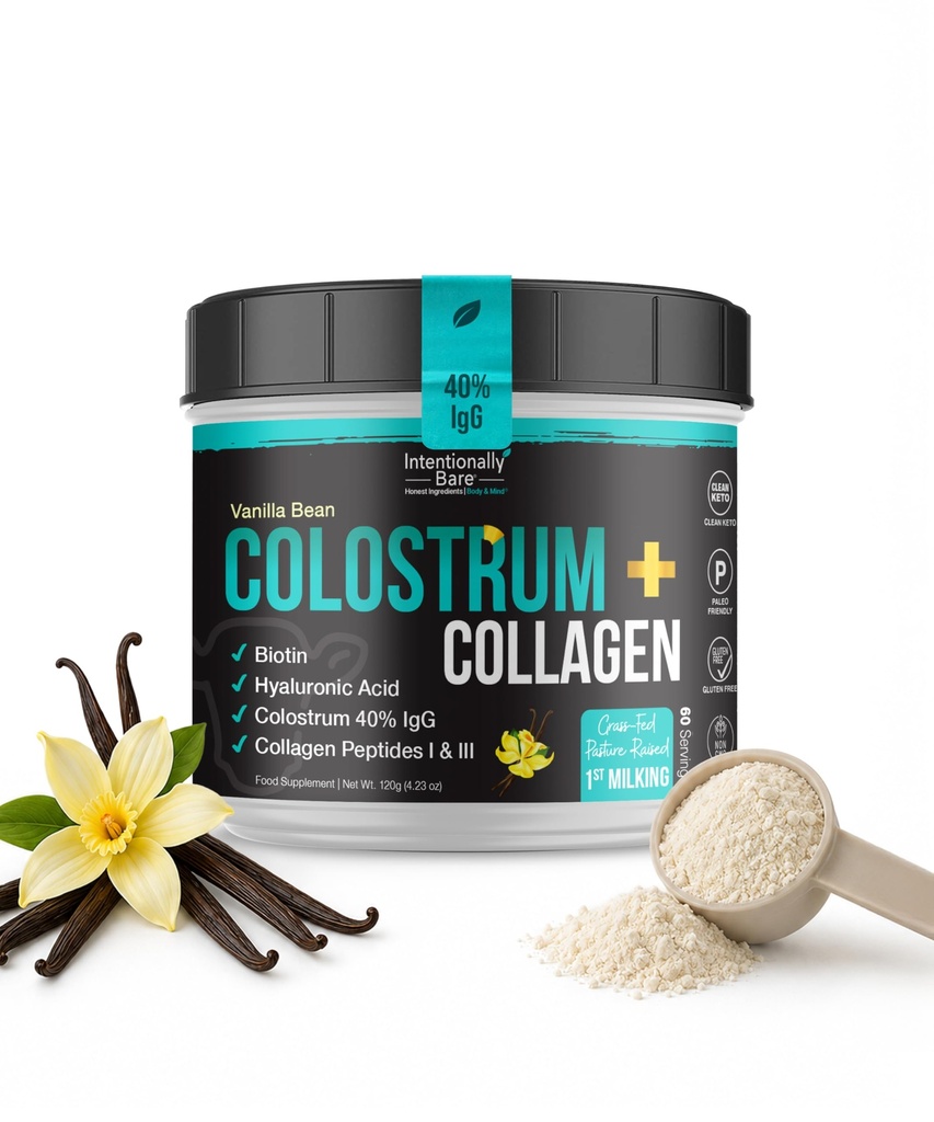 Intentionally Bare Grass Fed Colostrum Powder & Collagen Peptides - First Milking - Bovine Colostrum Powder with Collagen, Biotin & Hyaluronic Acid – for Hair, Skin & Nails -Vanilla Bean -60 Servings