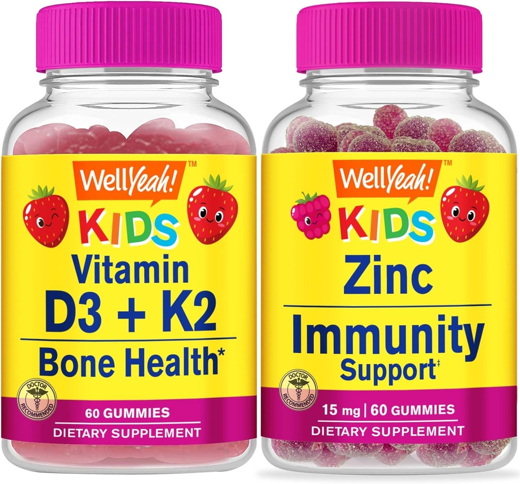 WellYeah Vitamín D3+K2 Deti + zinok Deti 15mg, Gummies Bundle - veľké ochutnávky, vitamínové doplnky, bez lepku, bez GMO, Žuvacia Gummy