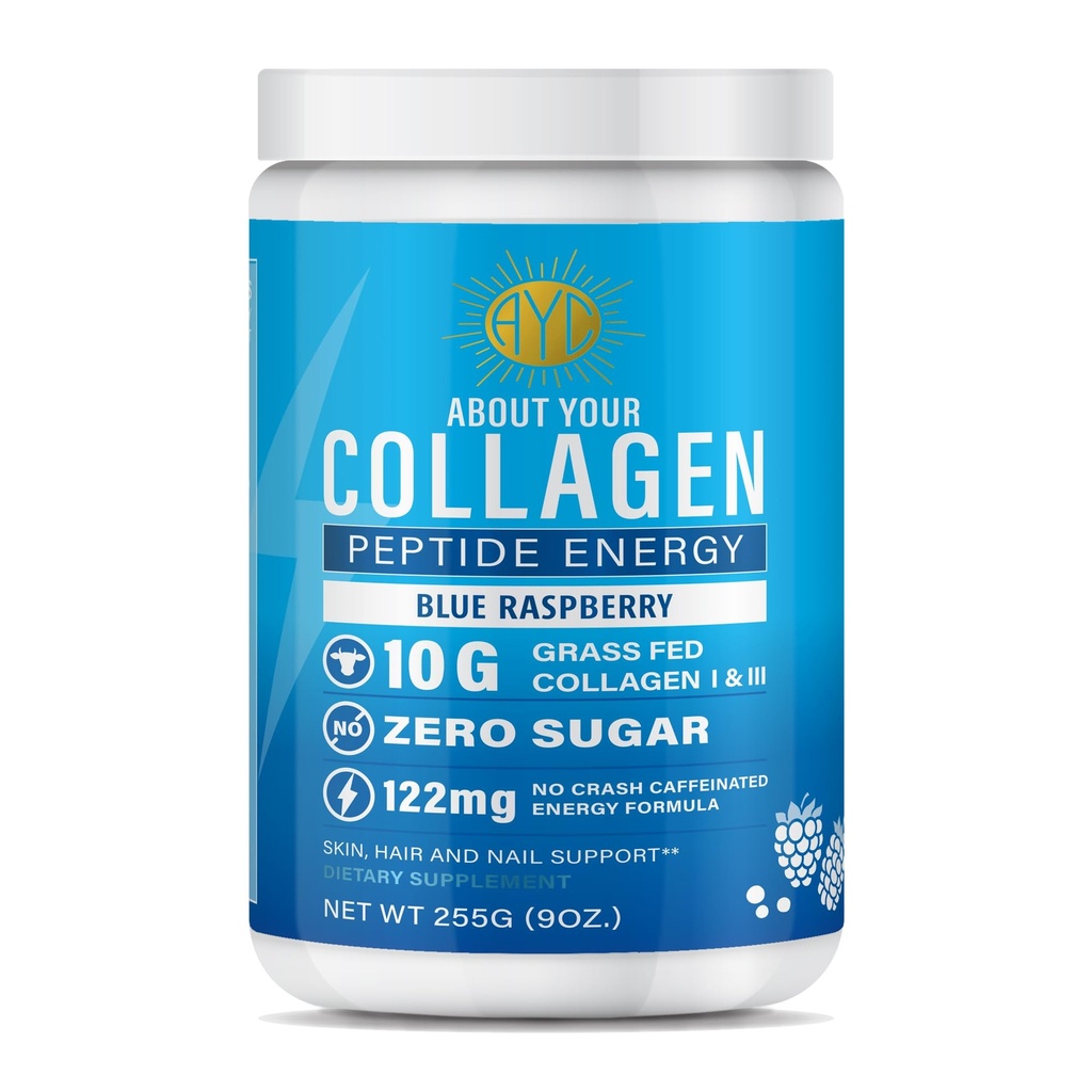 Peptide Energy Collagen Powder Hair, Nail, Skin, Type I & III,Caffeine for Energy, Vitamin C, Biotin, Hyaluronic Acid, Zero Sugar – 8.92 oz (Blue Raspberry)