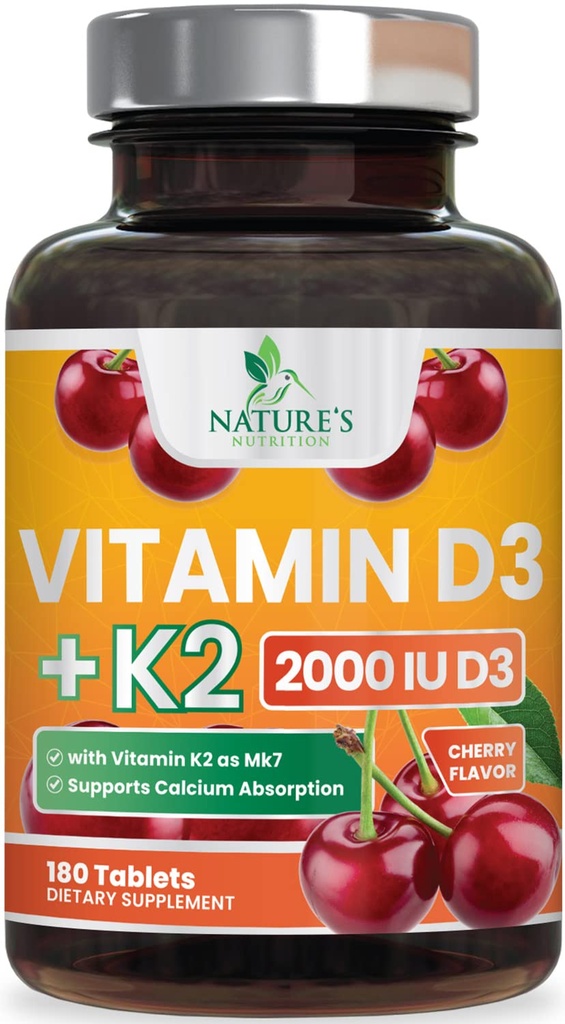 Vitamín D3 K2 2000 IU Plus s K2 (MK-7) 75 μg - Vitamíny D & K Complex Supplement for Bone, Zuby, svalovina, vstrebávanie vápnika, podporuje Immune & Heart Health, NeGMO Žuvacia formula - 180 tabliet