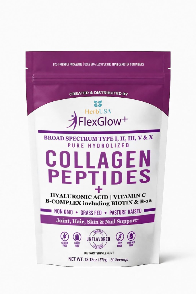 FlexGlow+ Collagen Peptides – Broad Spectrum (I, II, III, V, X) – Hyaluronic Acid, Biotin & Vitamin C - Hair, Skin & Joint Support – 30 Servings (Unflavored) (13.12 oz)