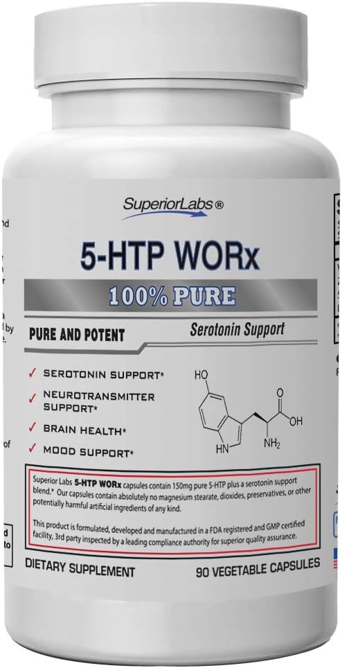Superior Labs - 5- HTP Worx - 150 mg Pure 5- HTP Plus Silný serotonínový Blend - 90 Rastlinné kapsule - Serotonín Amplifikácia - Neurotransmiter Podpora - Zdravie mozgu - Podpora nálady