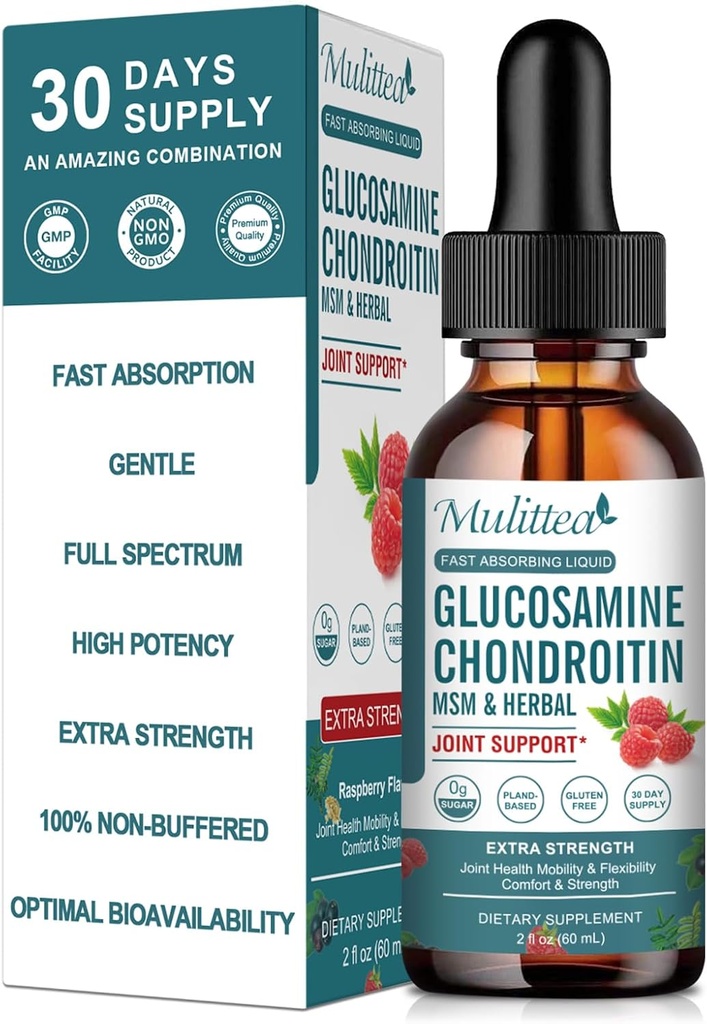 Glukozamín Chondroitín MSM Liquid Drops-w/Elderberry, Boswelia &Hyaluronic Acid-Extra sila Spoločná podpora Dodatok pre mobilitu, Flexibilita & kosti, vysoká absorpcia, 60ml (2 fl oz)