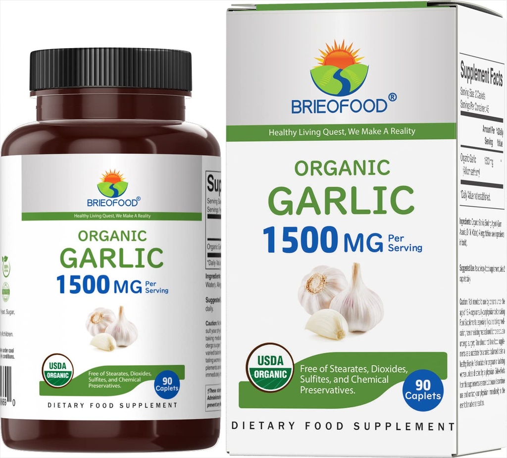 Brieofood Organic Cesnak 1500mg, 45 Servings, Vegetarián, Gluten Free, 90 Vegetariánske tablety