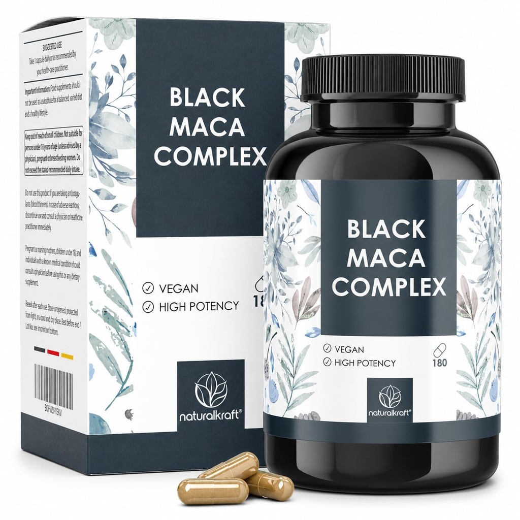 Black Maca Complex Capsules – High Strength & Effective with 3000 mg Black Maca Root Extract, 2000 mg Yellow Maca Root Extract & Ginseng – Developed & Tested in Germany