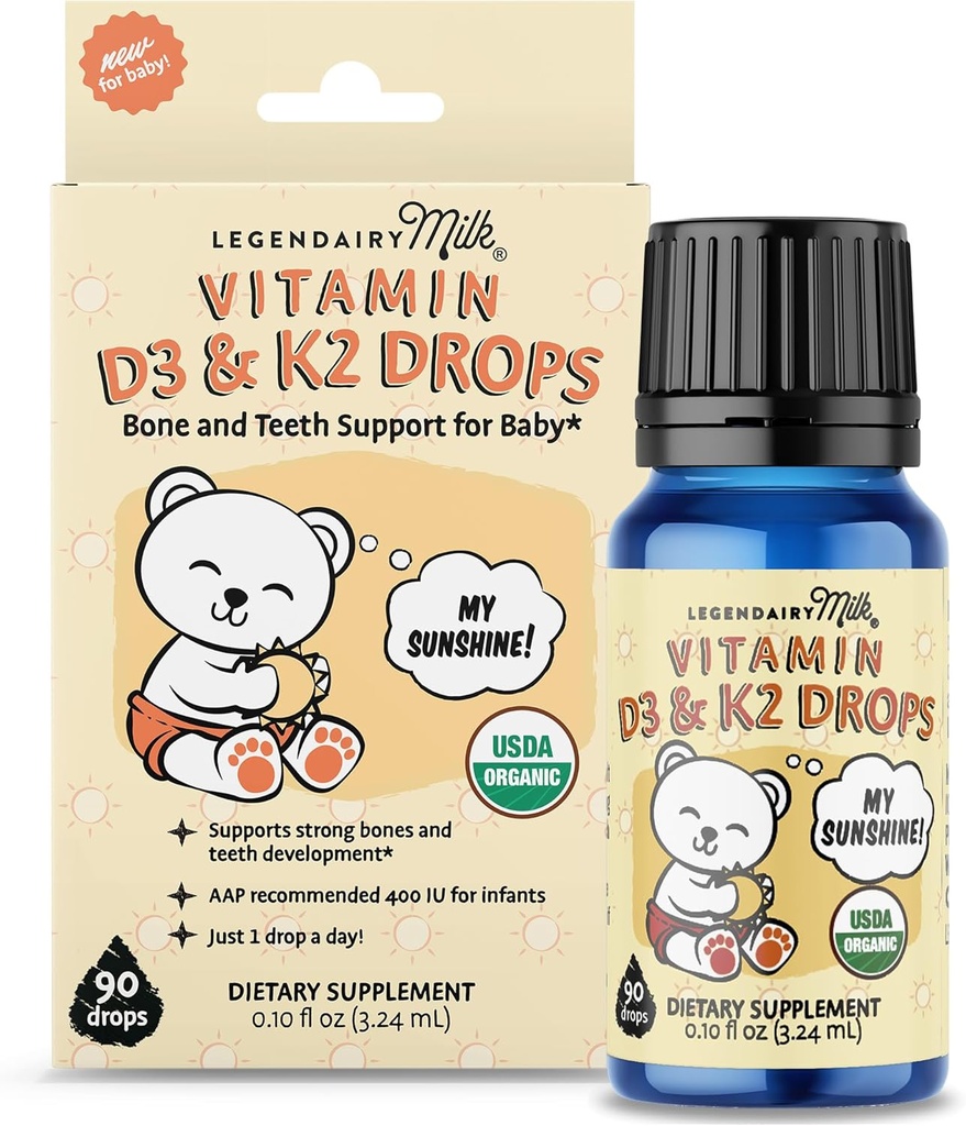 Legendairy Milk Organic Baby Vitamín D3 K2 Tekuté kvapky, 400 IU Baby Vitamín D kvapky pre dojčatá s K2 kvapky, Vitamín D kvapky pre novorodencov, batoľatá, a deti, Vegan, 90 kvapky Tekuté