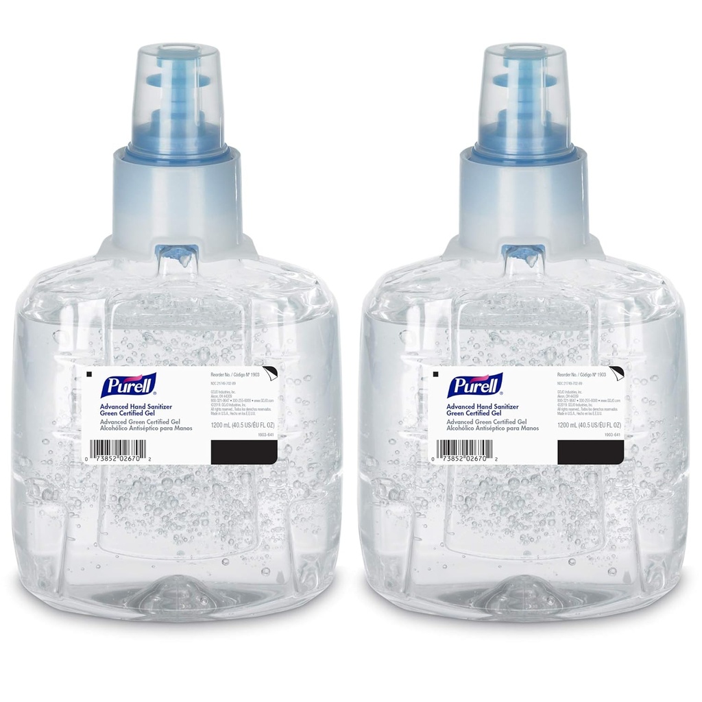 Purell Advanced Green Certified Hand Sanitizer Gel, 1200 ml Sanitizer Refill for Purell LTX Touch-Free Dispenser (Stock of 2) - 1903-02
