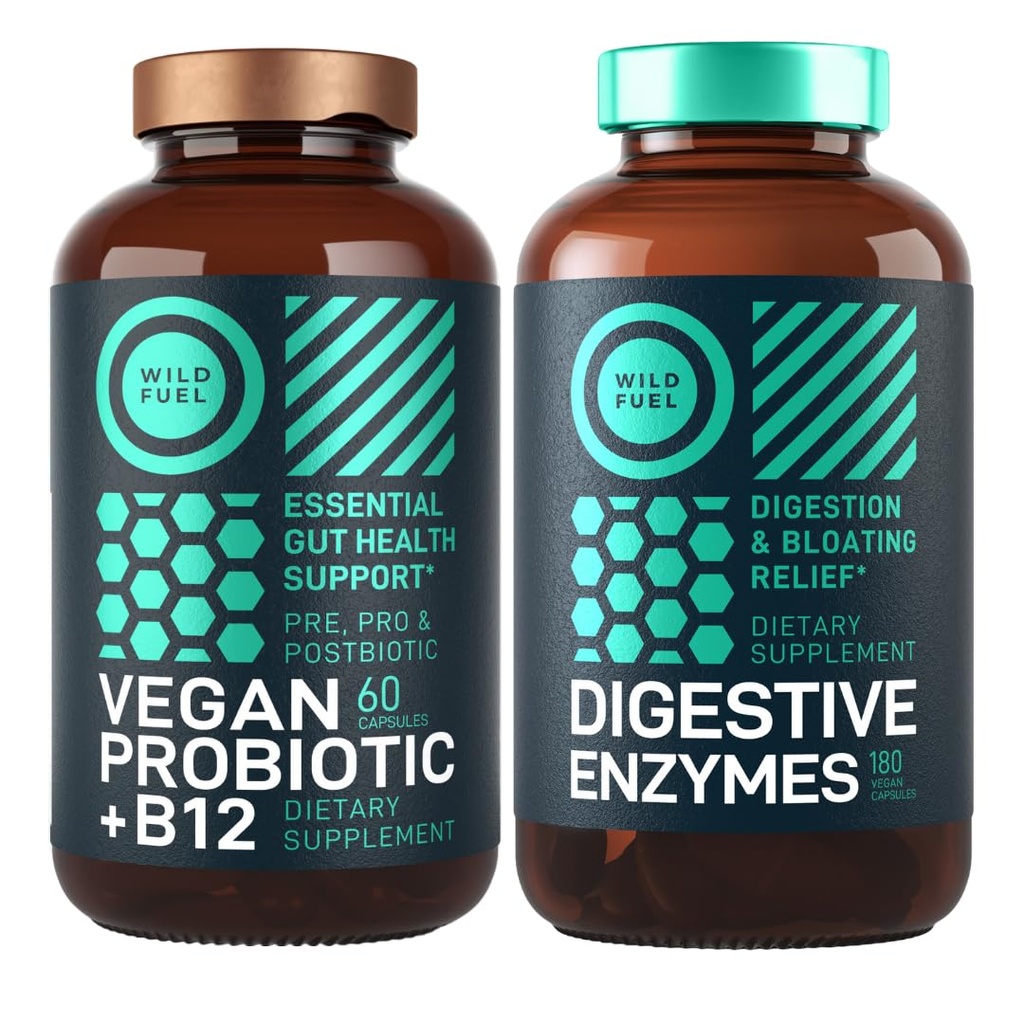 Tráviace enzýmy s probiotikami a prebiotikami a veganskými probiotikami Plus B12 posilnené trávenie a zdravie Gut Bundle
