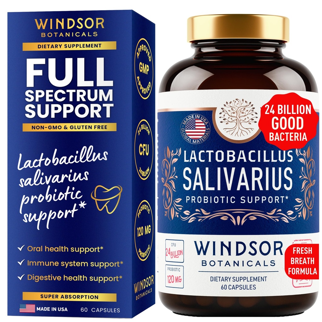 Lactobacillus Salivarius Probiotic - 24bn CFU L Salivarius Dental Probiotiká pre Zuby a ďasná - Zlé dýchanie liečba pre dospelých, Imunitná podpora, Tráviace zdravie - 60 perorálne probiotické kapsuly