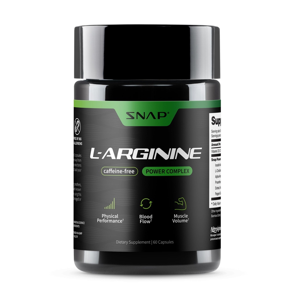 Snap Doplnky L Arginín Kapsule - Podporuje prírodnú energiu, Zvýšený prietok krvi a svalového rastu a Cardio zdravie, 60 Vegetariánske kapsule (30 Slúži, 1 mesiac dodávky)