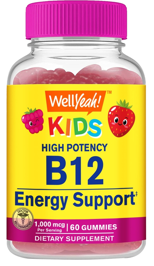 WellYeah vitamín B12 Gummy pre deti - Boost Energy, zlepšiť funkciu mozgu, a posilniť imunitný systém - Non-GMO, Gluten-free - skvelá chuť Berry Flavor - Ľahko žuvať - 60 Gummies