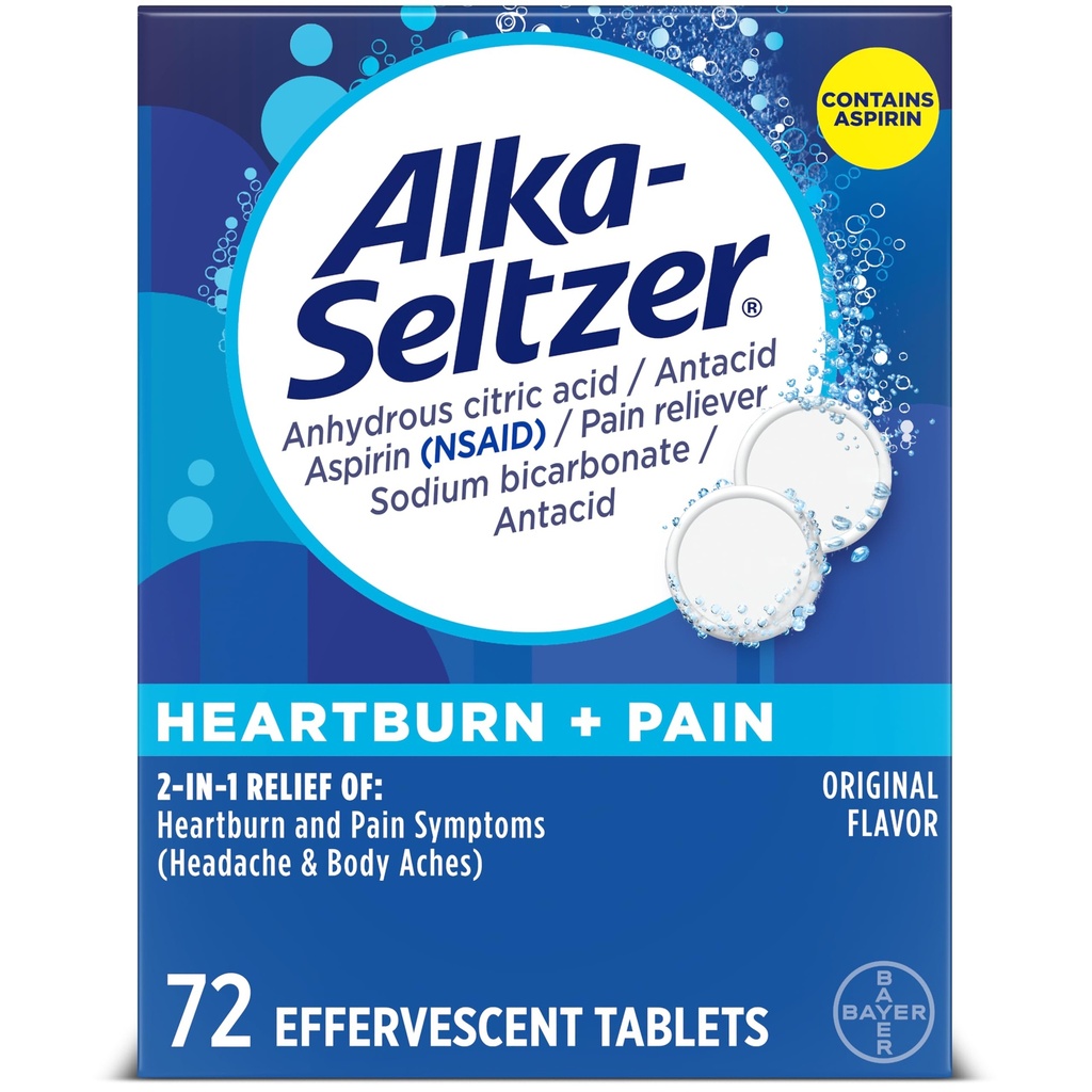 Alka-Seltzer Pálenie záhy + bolesť Šumivý aspirín + antacidá Tablety, rýchle pálenie záhy a úľava od trávenia kyselinou, úľava od bolesti s aspirínom, 72 Ct