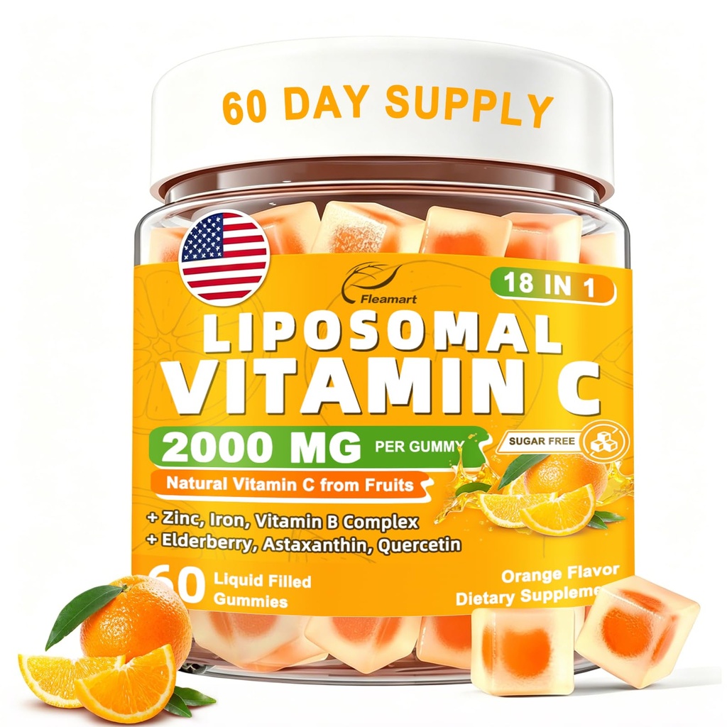 Vitamin C Gummies for Adults, Liposomal 2000mg Immune Support Supplement for women - 18 in 1 with Elderberry, Zinc, Collagen, Astaxanthin, Quercetin, D3 & Iron - Sugar Free, Orange Flavor, 60 Counts