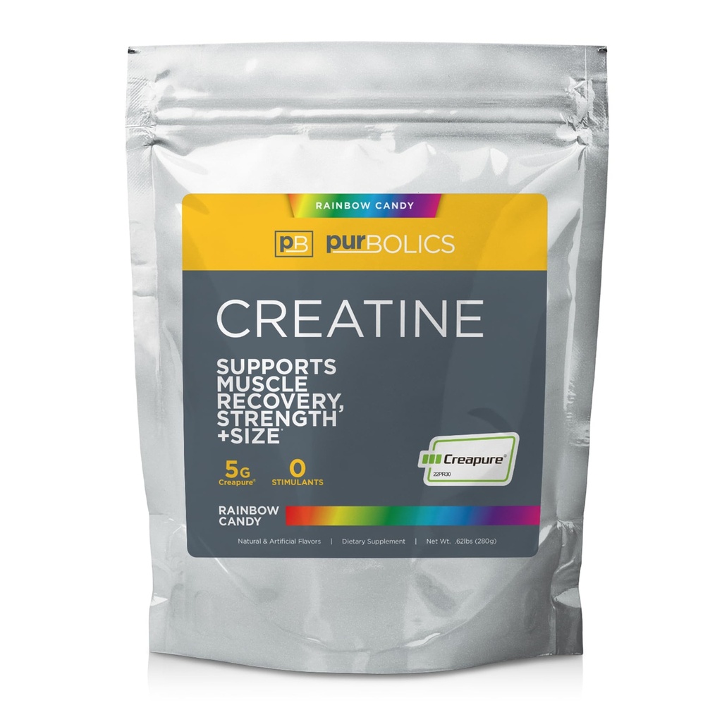 Purbolics Creapure Kreatin monohydrát, Mikronizovaný Kreatín 5g, Vyšší výkon cvičenia a zotavenie, Build Strength, Vylepšiť čerpadlá (50 Servíruje, Rainbow Candy)