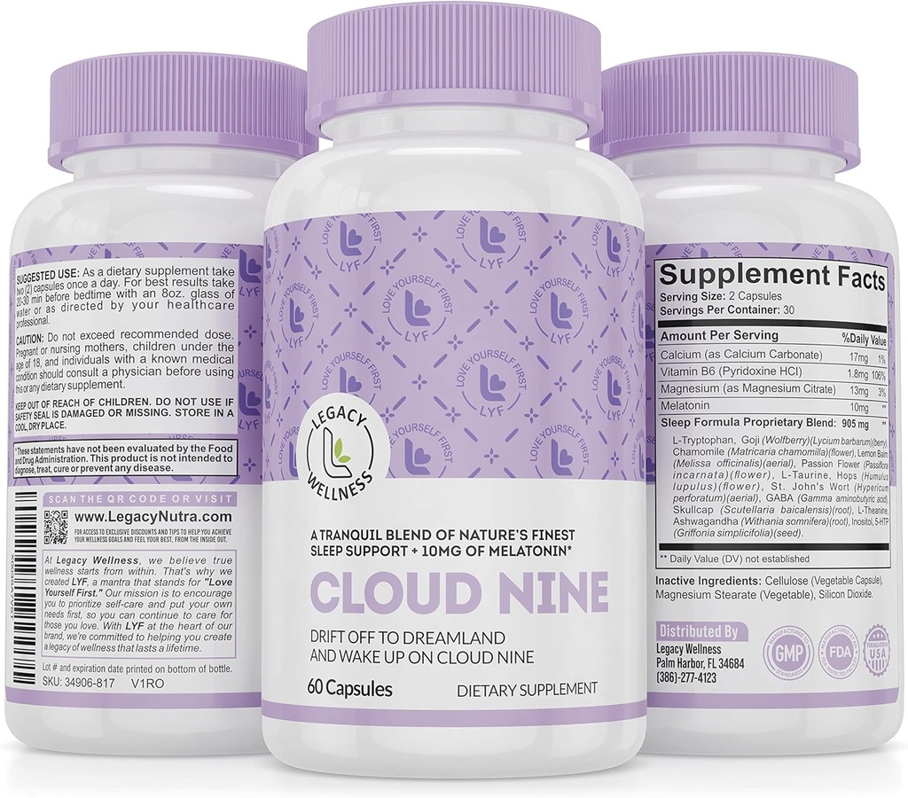 Cloud 9 - All Natural Sleep Aid Supplement - Relaxačné vitamíny a bylinné Formula - 10mg Melatonium Magnisium L- Theanine 5-HTP GABA St. John's Wort Ashwagandha harmanček a viac 60 Vegan Kapsule