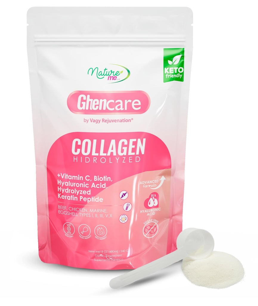 Vagy Rejuvenation Ghencare Hydrolyzed Collagen Powder – Multi-Source Collagen with Vitamin C, Biotin & Hyaluronic Acid – Types I, II, III, V & X – for Skin, Hair, Nails & Overall Wellness – 8 oz