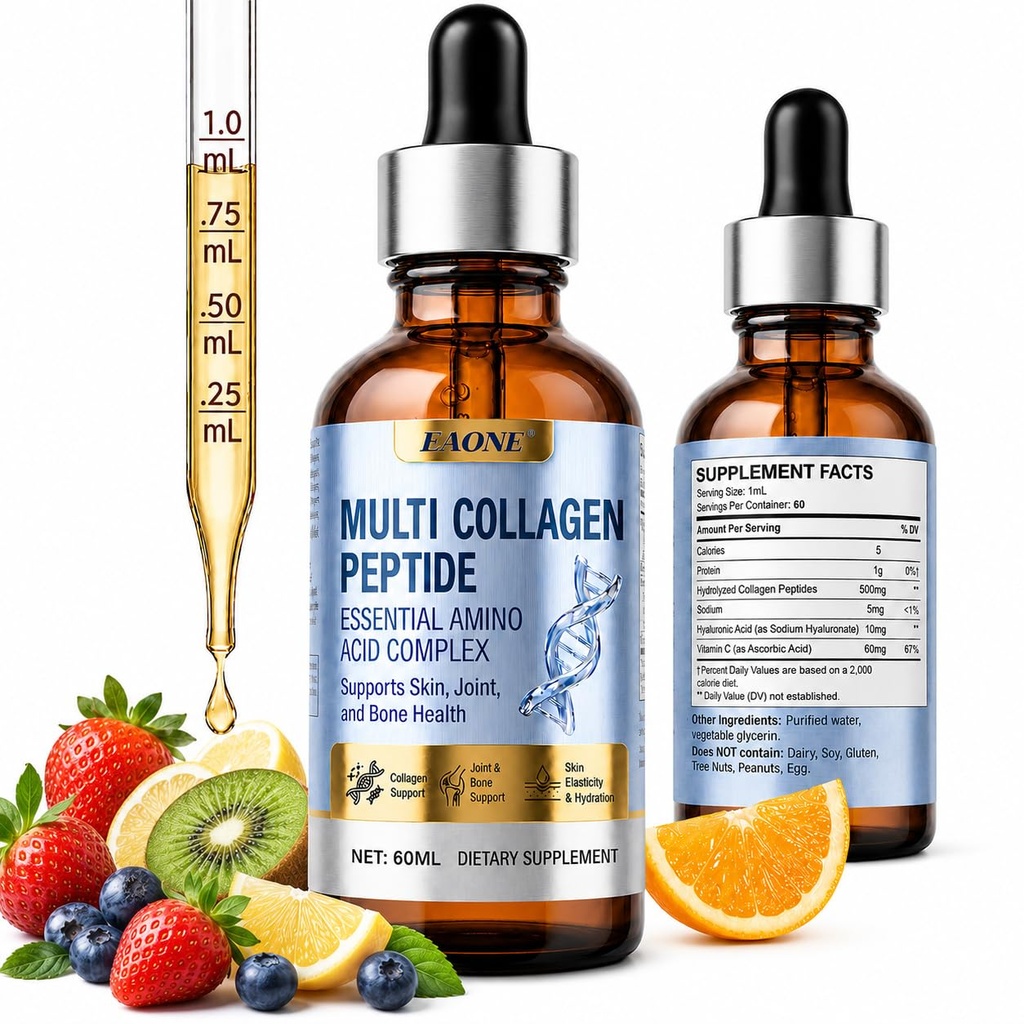 EAONE Multi Collagen Peptides Liquid Drops, Liquid Collagen for Women, with Collagen Peptides, Biotin Hyaluronic Acid & Vitamin C, for Skin Hair Nails and Joint Support, for Women & Men, 2 fl oz