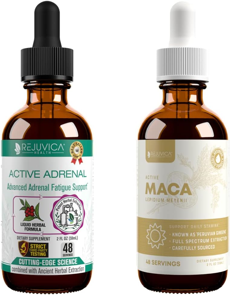 Rejuvica Zdravie Aktívny Adrenal + Active Maca - Podpora energie + Stres - Tekuté dodanie pre lepšiu absorpciu - Rhodiola, Maca, Svätý bazalka, Ashwagandha & Viac!