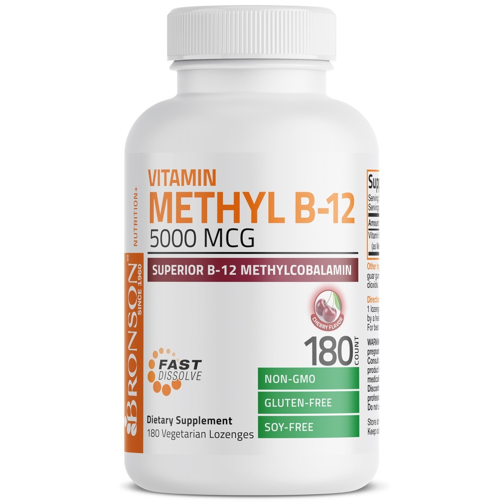 Bronson Metyl B12 5000 mcg Vitamín B12 Metylkobalamín Energia a podpora mozgu, 180 Lozenges