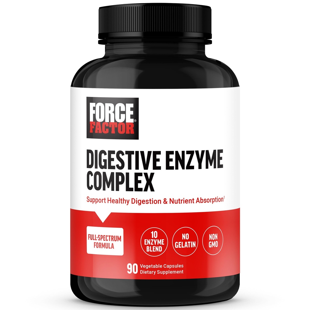 FORCE FACTOR Digestive Enzymes Complex na podporu tráviaceho zdravia, zdravie Gut, a poskytovať úľavu od kvitnutia pre ženy a mužov, Full-Spectrum 10 Digestive Enzymes, non-GMO, 90 Kapsule