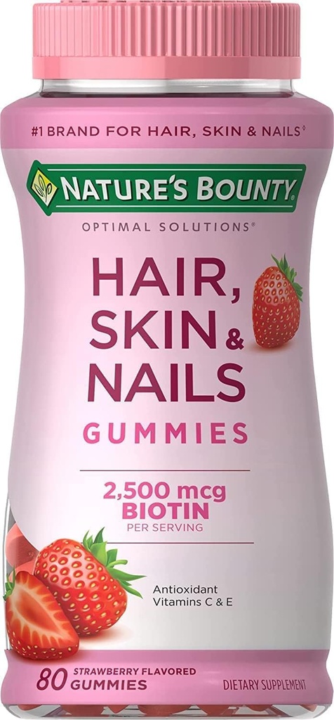 Nature's Bounty Optimal Solutions Vlasy, koža a nechty s biotínom Strawberry Ochutené - 80 Gummies, balenie 5