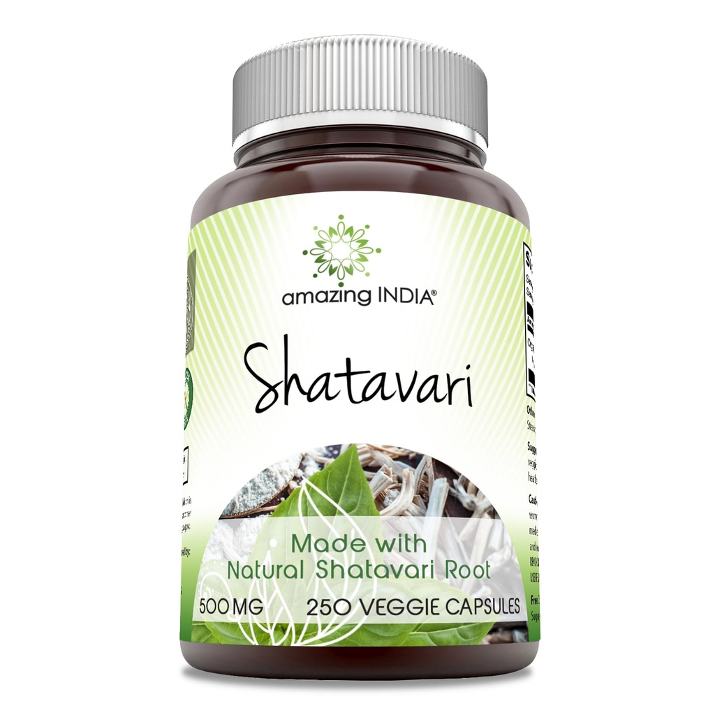 Amazing India Natural Shatavari 500 Mg per Serving 250 Veggie Capsules Supplement 