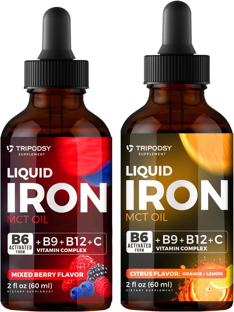 Liquid Iron Supplement, Iron Drops, Women and Men, B6, B9, B12, Vitamin C, Anemia, Blood Builder, Folate, Red Blood Cell, Immune Support, MCT Oil, Citrus, Mixed Berry