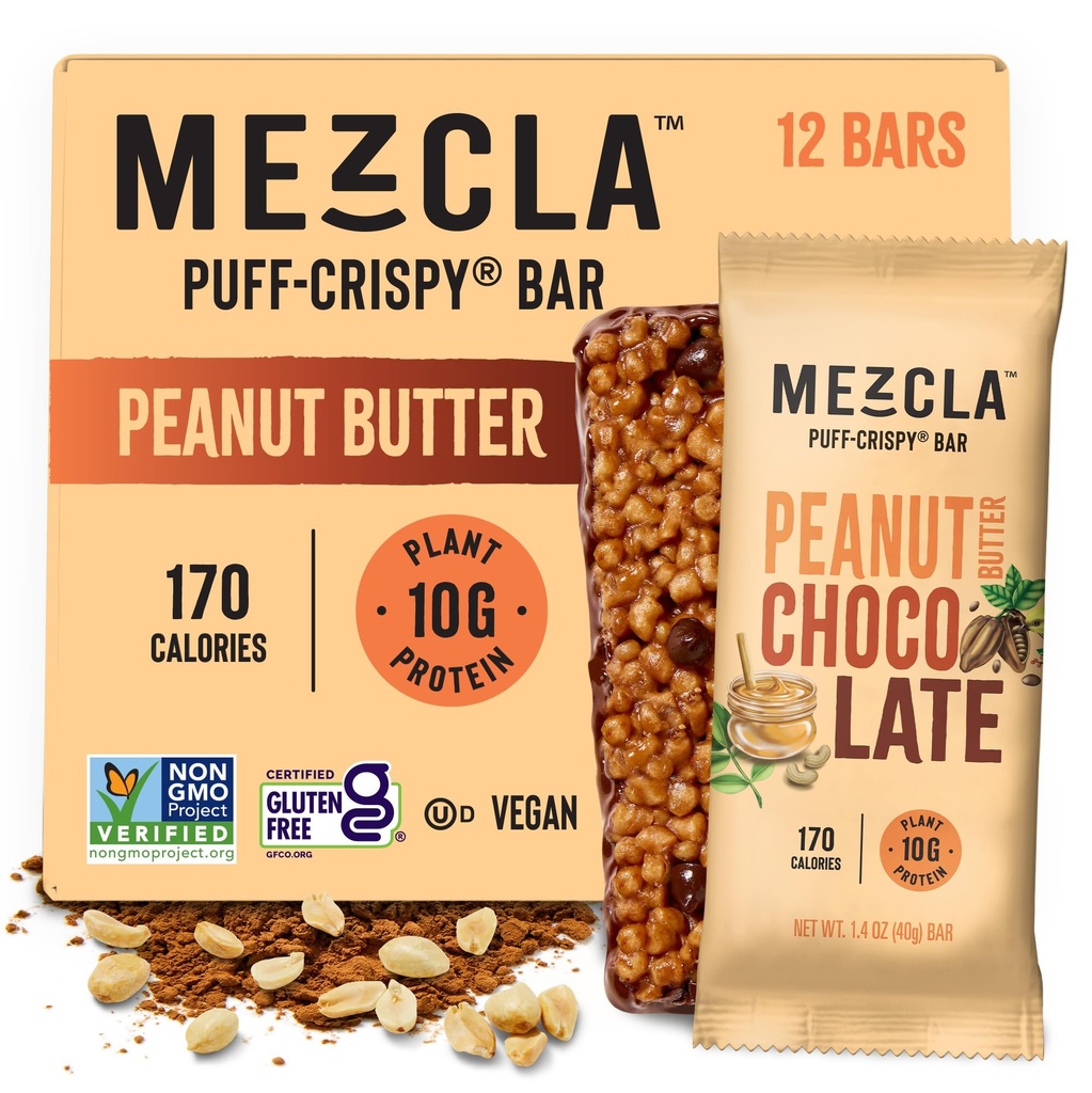 Mezcla Puff Crispy Protein Bars, Gluten Free & Vegan Protein Bars, 10g Protein, Alt for Crispy Rice Treat, Granola Bars & Breakfast Bars, Healthy Snacks for Adults, Arašidové maslo Čokoláda, 12 Balenie