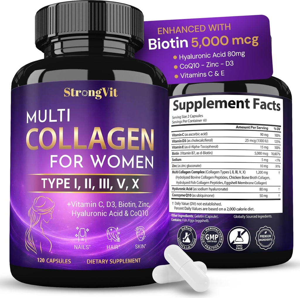 StrongVit Multi Collagen for Women with Biotin, Hyaluronic Acid, CoQ10, Vitamin C, D3 & Zinc – Hair, Skin, Nails Supplements - Hydrolyzed Collagen Peptides Type I, II, III, V, X - USA (120 Capsules)