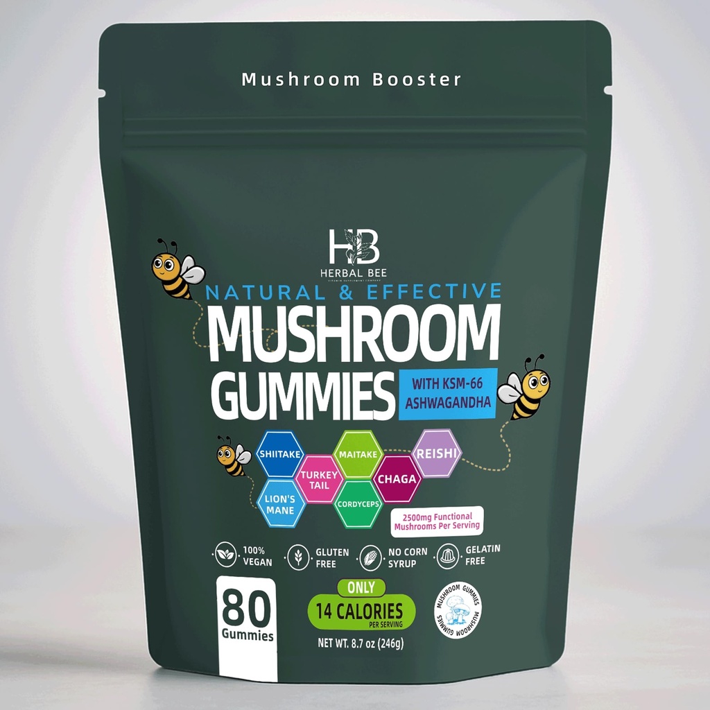 Organic Ashwagandha & Lions Mane Mushroom Gummies - Reishi, Cordyceps, Turkey Tail, Maitake, Shitake & Chaga, Immune Support & defense, Brain Boost, Vegan, All-in-One Superfood supplement | 80 gummies