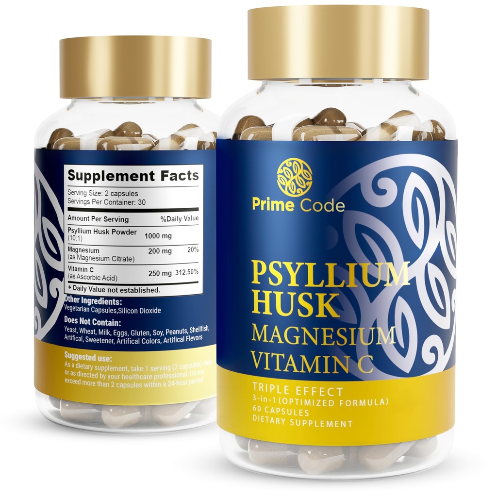 Primecode [ 3 in 1] Psyllium Husk Kapsule s horčíkovým citricom a vitamínom C 