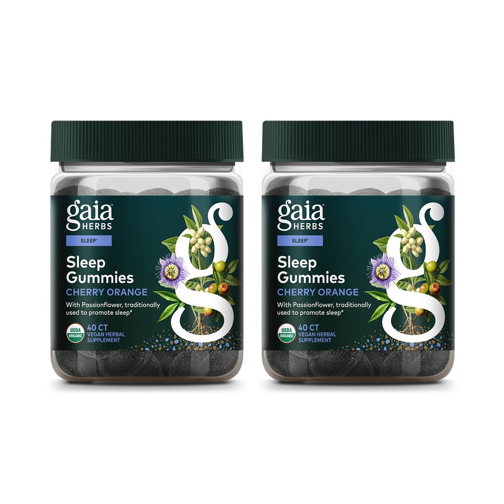 Gaia Herbs Sleep Gummies - Sleep Support*- Ashwagandha, Reishi Mushroom & Passionflower - USDA Certified Organic, Non-GMO Project Verified, Gluten Free - Cherry Orange - 40 Vegan Gummies (Pack of 2)
