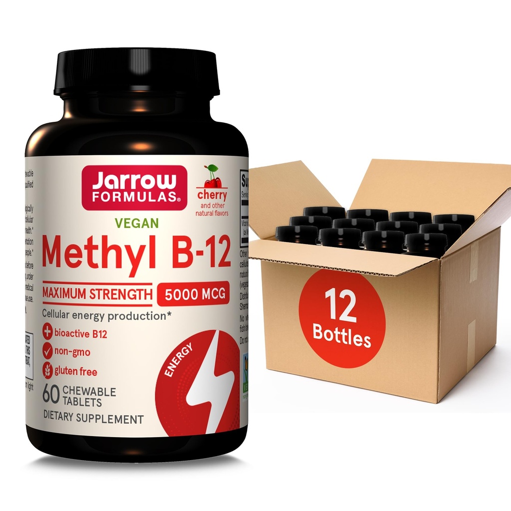 Jarrow Formuly Maximálna sila Metyl B-12 5000 mcg, Dietary Supplement for Cellular Energy Production and Brain Health Support, 60 Cherry-Flaved Chewable Tablets, 60 Day Supply, Pack of 12