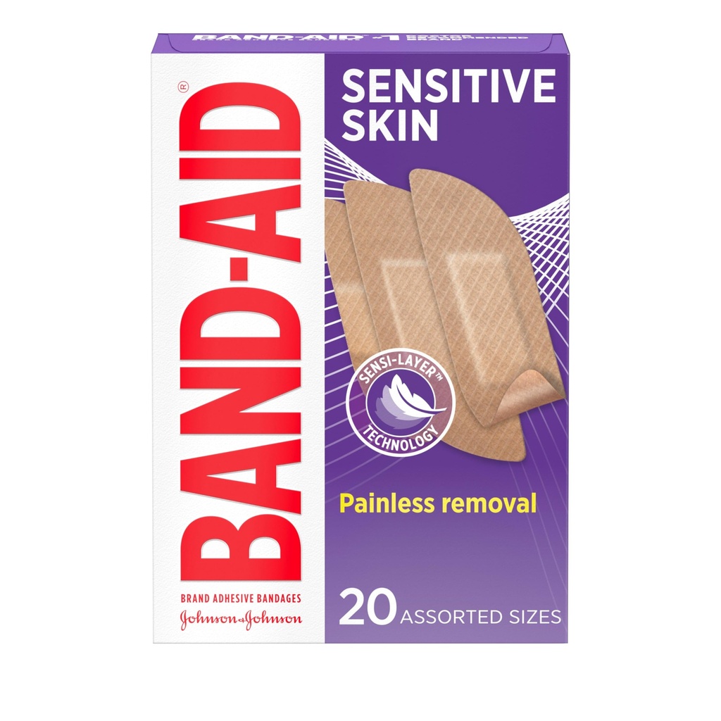 Band-Aid Brand Adhezive Bandáže pre citlivé kože, Hypoalergenic First Aid Bandages s bezbolestným odstránením, zostáva na Wet & Vhodné pre Ekzém Prone kože, Sterilné, rozmanité, 20 ot