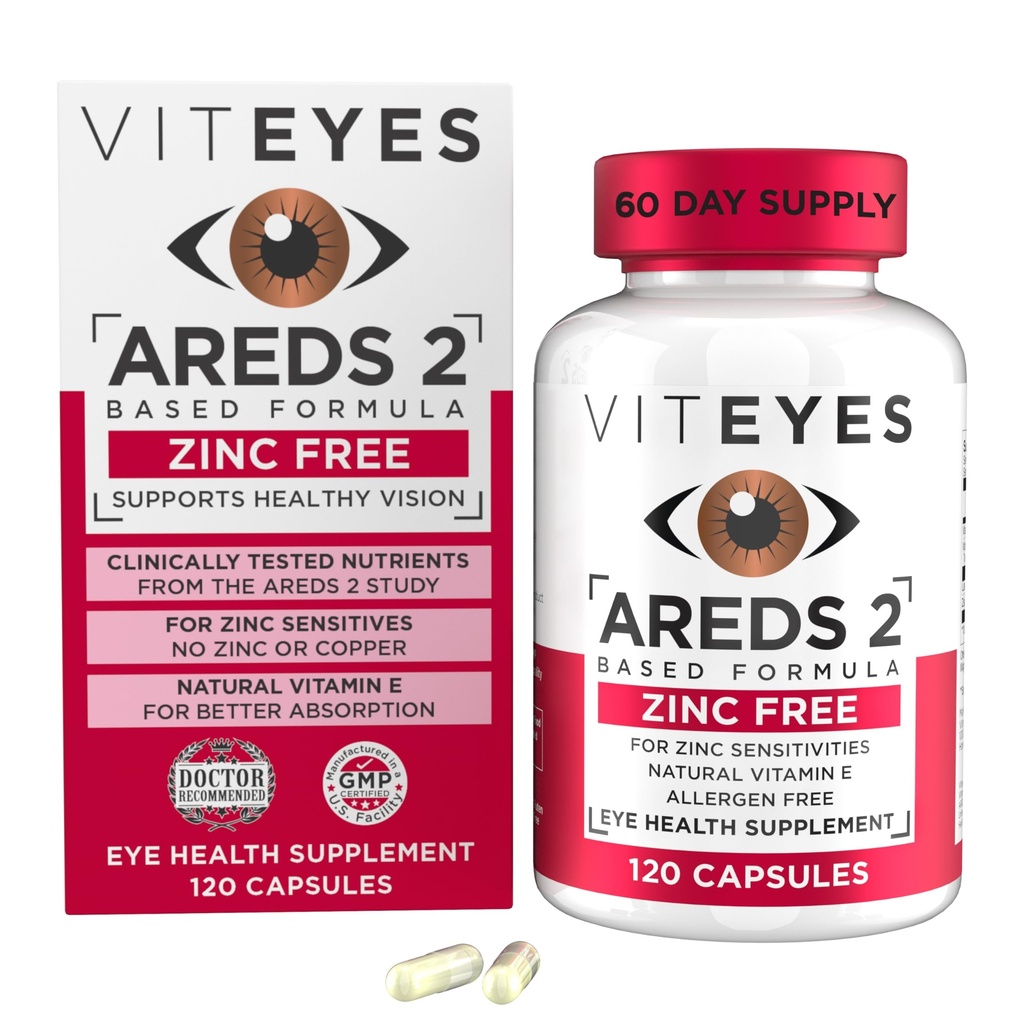 Viteyes AREDS 2 Bezzinková Macular Support, Natural Allergens Free Kapsule s vitamínom E, vitamín C, luteín a zeaxantín, žiadny zinok, žiadna meď, očný lekár dôveryhodný, vyrobené v USA, 120 Ct