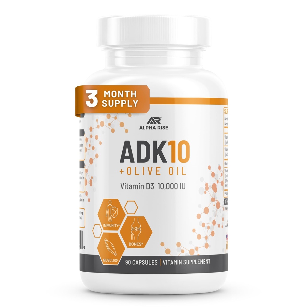 ADK 10 vitamínový doplnok + olivový olej pre lepšiu absorpciu - s vitamínmi A + D3 (10 000 iu) + K2 (MK7+MK4) - 90 kapsúl - vegetarián - non-GMO