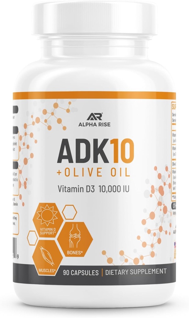 ADK 10 vitamínový doplnok + olivový olej pre lepšiu absorpciu - s vitamínmi A + D3 (10 000 iu) + K2 (MK7+MK4) - 90 kapsúl - vegetarián - non-GMO
