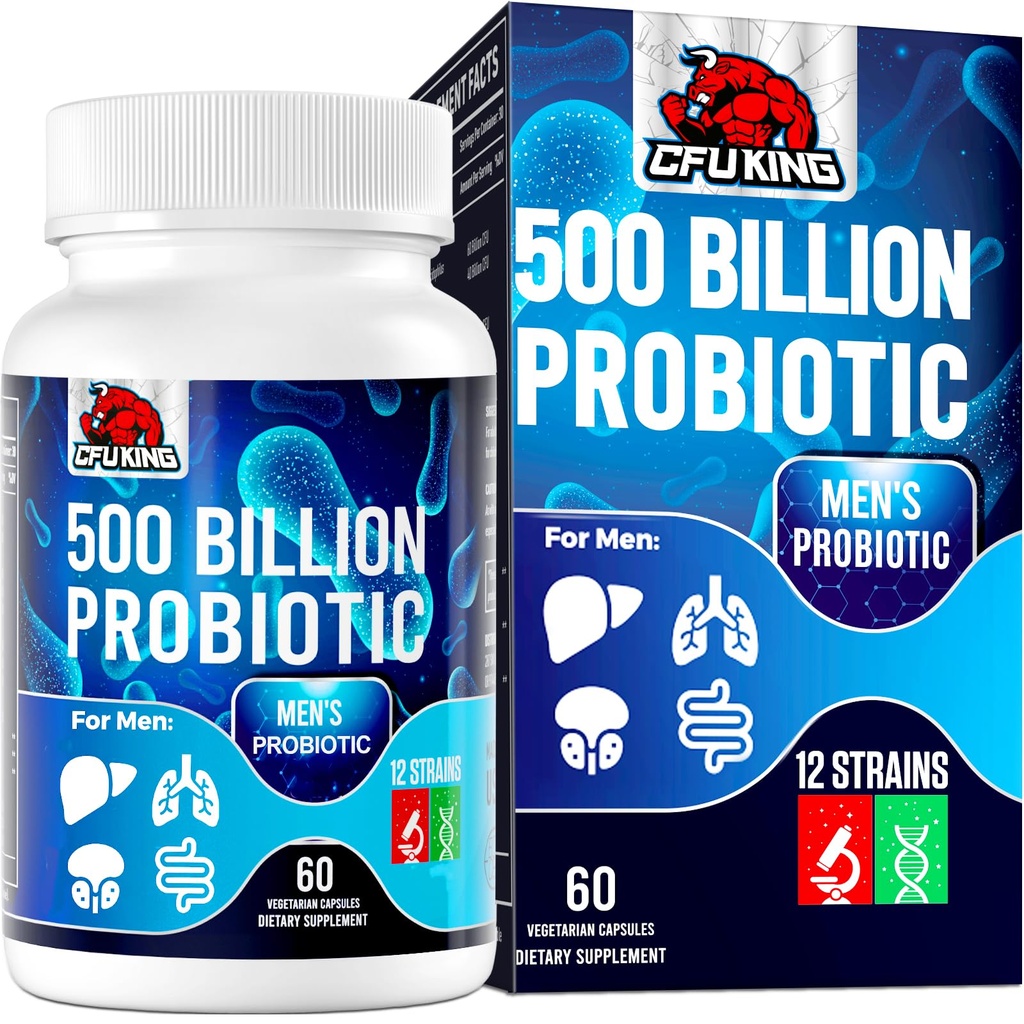 Probiotiká pre mužov, 500 miliárd CFU & 12 Pánske Probiotiká pre tráviace zdravie + 4 organické prebiotické vlákna, pre trávenie, Gut, imunitné zdravie, plávanie, plyn, energetická podpora, police Stabilné - 60 kapsúl
