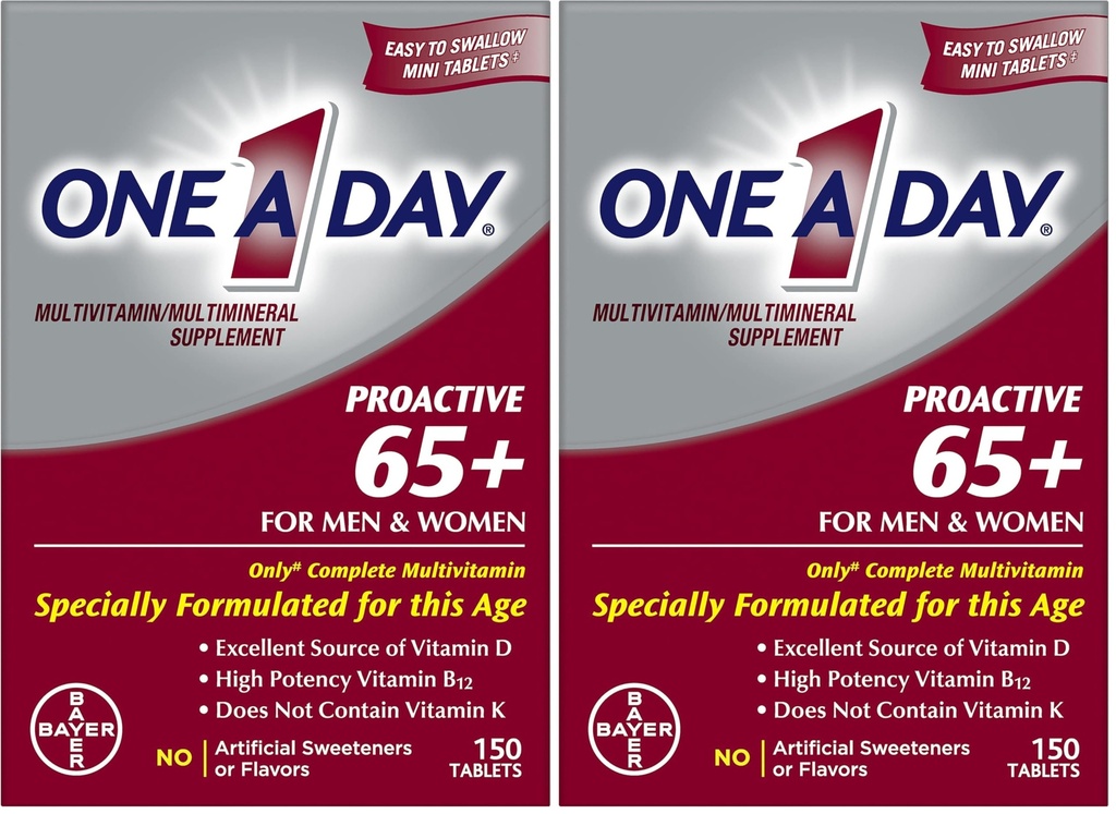 ONE A Day Proactive 65+, Mens & Women Multivitamín, Supplement with Vitamín A, Vitamín C, Vitamín D, a Zinok pre podporu imunitného zdravia*, Vápnik, Kyselina listová & More, Tablet 150 Počet (Stock of 2)