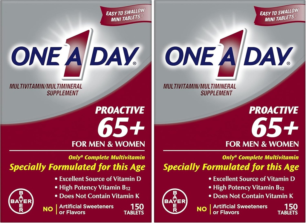 ONE A Day Proactive 65+, Mens & Women Multivitamín, Supplement with Vitamín A, Vitamín C, Vitamín D, a Zinok pre podporu imunitného zdravia*, Vápnik, Kyselina listová & More, Tablet 150 Počet (Stock of 2)