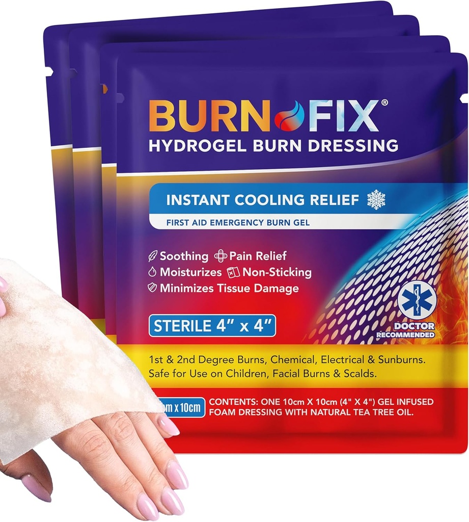 BurnFix® - 4 Pack-Burn Gel Dressing 4 x 4" krém na popáleniny prvej pomoci liečby. Okamžitá úľava od bolesti Hydrogel Burn Dressing pre 1., 2. stupňa popáleniny, Razor a spaľovanie pre domácnosť, práca, oheň, EMS