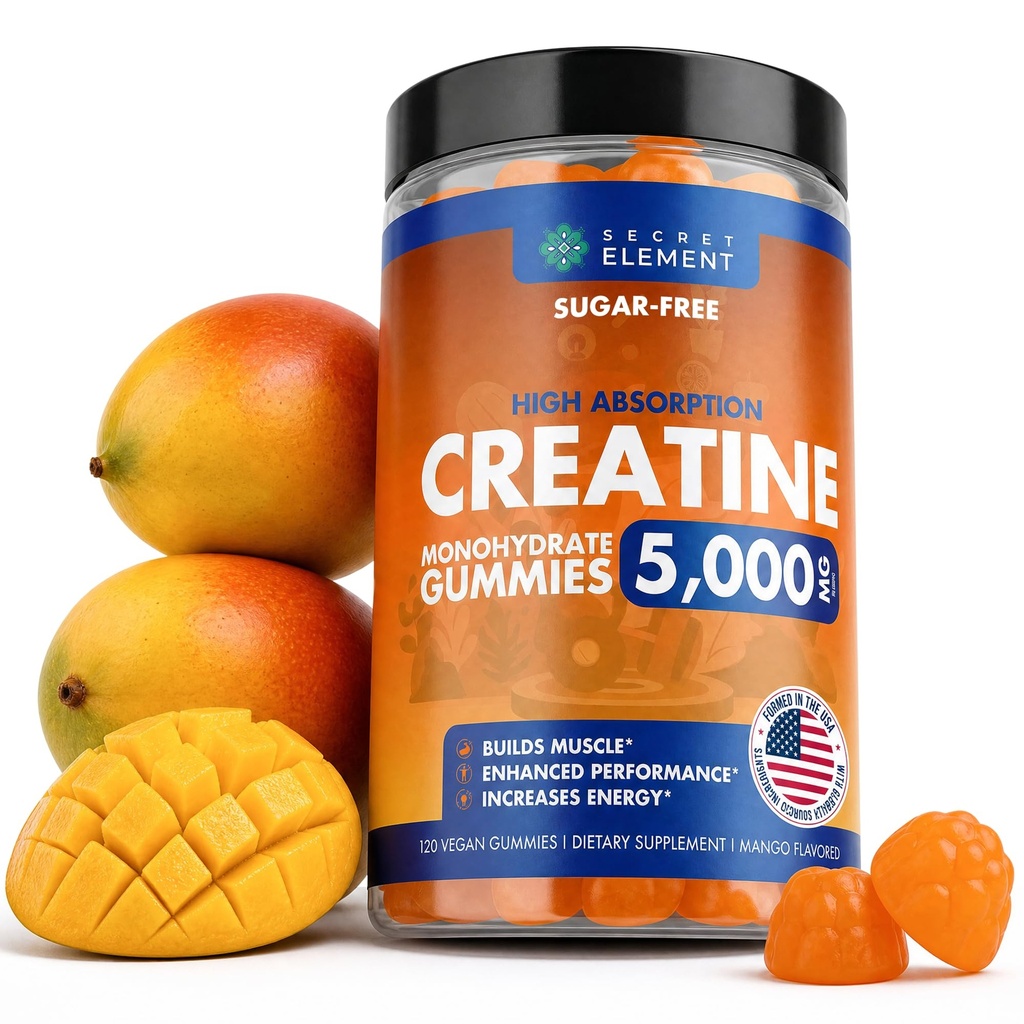 Secret Element Creatine Monohydrate Gummies 5000 mg per Serving, Sugar Free Vegan Gummies, Non-GMO, Creatine Chews for Women & Men, 30 Servings, 120 Gummies, Mango Flavor