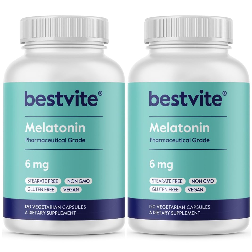 BESTVITE Melatonín 6 mg (240 Vegetariánskych kapsúl) (120 x 2) - Žiadne stearáty - Vegan - Non GMO - Gluten Free
