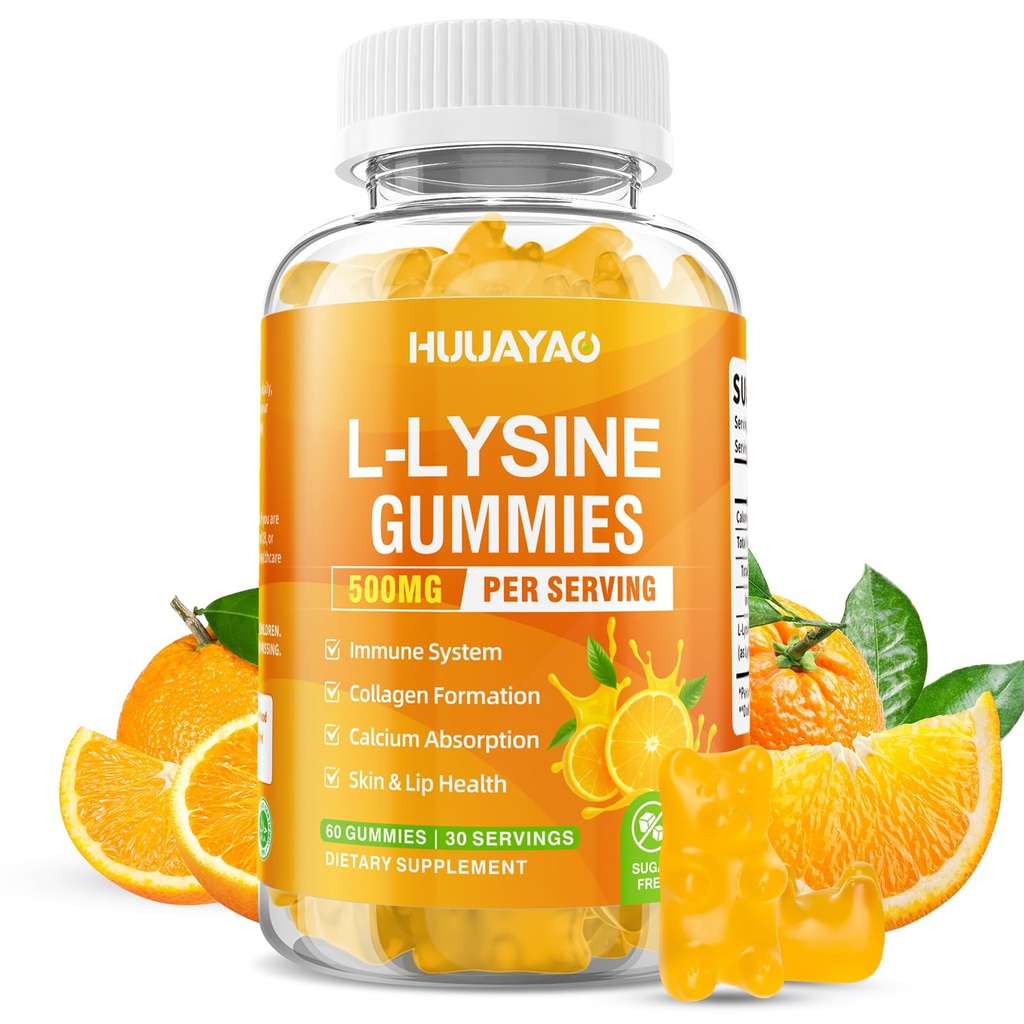 L-Lysine Gummies 500mg, Lysine Gummies Supplement for Immune Support & Skin Health, Collagen Formation Support, Vegan, Gluten Free Chewable Supplement for Adults & Kids, Orange Flavor, 60 Count