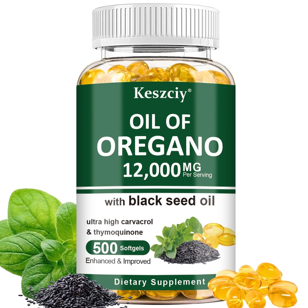 500 Softgels Oil of Oregano with Black Seed Oil, 2 in 1 Oregano Supplement for Immune Health, Retains High Concentrated Carvacrol & Thymoquinone, Non-GMO, 1 Pack
